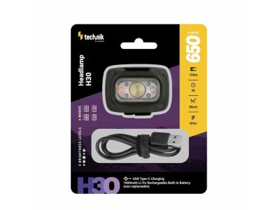 Technik MT-H30 fejlámpa H30 újratölthető akkumulátor SST20 LED + piros fény + USB-C (650 lm)